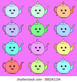 vector set of hand drawn kawaii teapot