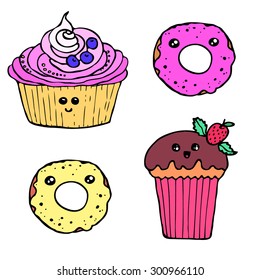 vector set of hand drawn kawaii cake and donut