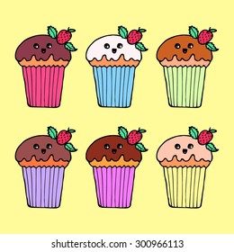 vector set of hand drawn kawaii cake