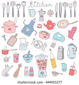 Vector set of hand drawn kitchen themed objects and appliances. Doodle vector elements.