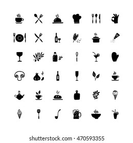 Vector set of hand drawn kitchen and cooking icons. Food icons isolated on white background.