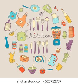 Vector set of hand drawn kitchen themed objects and appliences. Doodle vector elements.