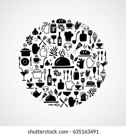 Vector Set Of Hand Drawn Kitchen And Cooking Icons. Food Icons Isolated On White Background In A Circle Shape.