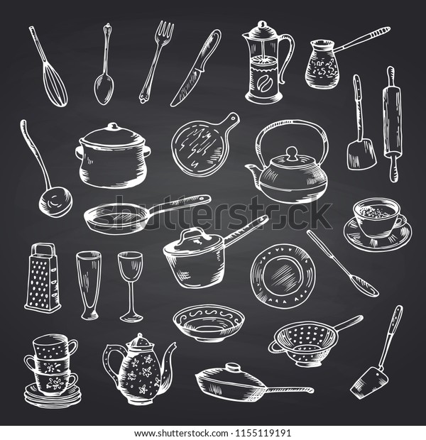 Vector Set Hand Drawn Kitchen Utensils Royalty Free Stock Image