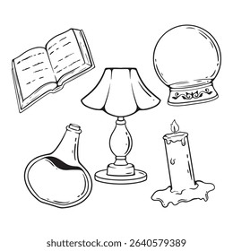 Vector set of hand drawn lamp, candle, book, glass vase, crystal ball.	