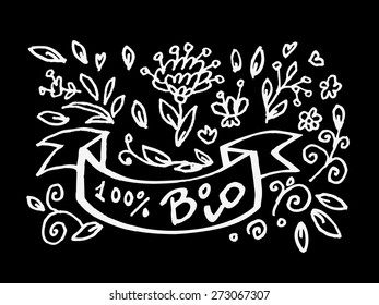 Vector set of hand drawn leaves flowers and ribbon for bio organic healthy food designs.