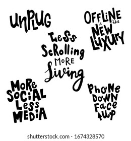 vector set of hand drawn lettering phrases about social media detox