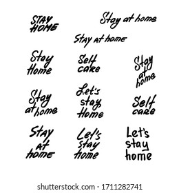 Vector set hand drawn lettering about coronavirus isolated on white background. Covid-19, Self care, work in home. Pandemic protection. Monochrome illustration quarantine in doodle style