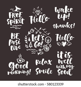 Vector set of hand drawn lettering phrase and illustrations. Modern brush calligraphy for blogs and social media. Motivation and inspiration quotes for invitations, greeting cards, prints, posters