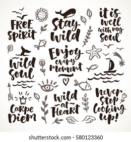 Vector set of hand drawn lettering phrase and illustrations. Modern brush calligraphy for blogs and social media. Motivation and inspiration quotes for invitations, greeting cards, prints, posters