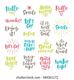 Vector set of hand drawn lettering phrase and illustrations. Modern brush calligraphy for blogs and social media. Motivation and inspiration quotes for invitations, greeting cards, prints, posters