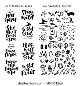 Vector set of hand drawn lettering phrase and illustrations. Modern brush calligraphy for blogs and social media. Motivation and inspiration quotes for invitations, greeting cards, prints, posters