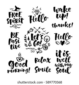 Vector set of hand drawn lettering phrase and illustrations. Modern brush calligraphy for blogs and social media. Motivation and inspiration quotes for invitations, greeting cards, prints, posters