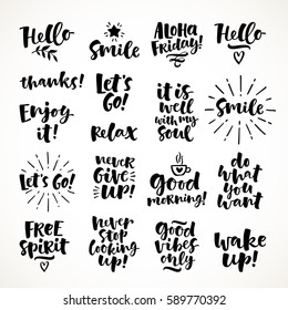 Vector set of hand drawn lettering phrase and illustrations. Modern brush calligraphy for blogs and social media. Motivation and inspiration quotes for invitations, greeting cards, prints, posters