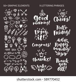 Vector set of hand drawn lettering phrase and illustrations. Modern brush calligraphy for blogs and social media. Motivation and inspiration quotes for invitations, greeting cards, prints, posters