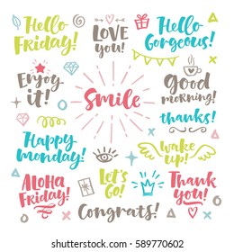 Vector set of hand drawn lettering phrase and illustrations. Modern brush calligraphy for blogs and social media. Motivation and inspiration quotes for invitations, greeting cards, prints, posters