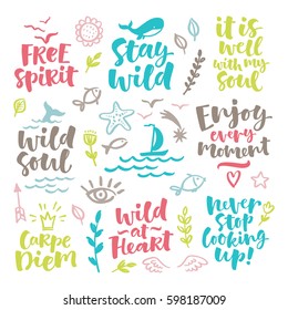 Vector set of hand drawn lettering phrase and illustrations. Modern brush calligraphy for blogs and social media. Motivation and inspiration quotes for invitations, greeting cards, prints, posters