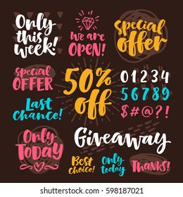 Vector set of hand drawn lettering phrase and illustrations. Modern brush calligraphy for store, blogs and social media content. Graphics for invitations, greeting cards, t-shirts, prints and posters