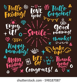 Vector set of hand drawn lettering phrase and illustrations. Modern brush calligraphy for blogs and social media. Motivation and inspiration quotes for invitations, greeting cards, prints, posters