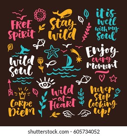 Vector set of hand drawn lettering phrase and illustrations. Modern brush calligraphy for blogs and social media. Motivation and inspiration quotes for invitations, greeting cards, prints, posters