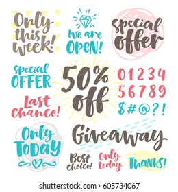 Vector set of hand drawn lettering phrase and illustrations. Modern brush calligraphy for store, blogs and social media content. Graphics for invitations, greeting cards, t-shirts, prints and posters