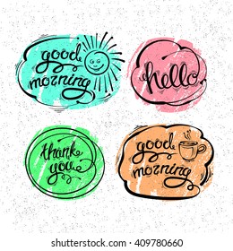 Vector set of hand drawn letters, texts, phrases. Thank you, Hello, good morning  EPS10