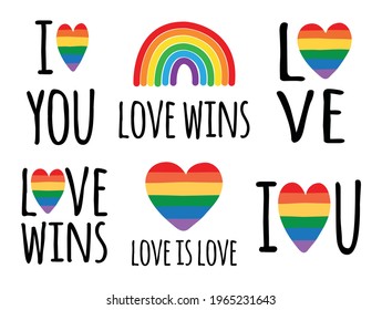 Conjunto de vectores dibujados a mano lgbt bandera arco iris con letras aisladas en fondo blanco