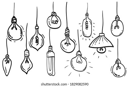 Vector set of hand drawn light bulb set. idea concept with lightbulbs doodle illustration