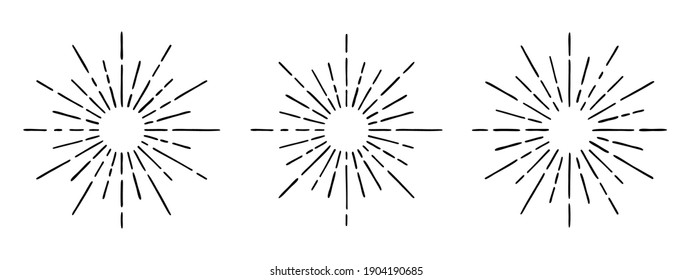 Vector set of hand drawn light rays, sunburst. Vintage style elements, round frames, isolated on white background.