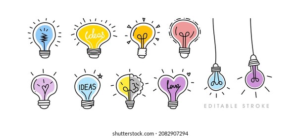 Vector Set of Hand drawn Light Bulbs and Wires. Symbol of Hanging light bulb idea, brainstorm and love valentines day. Editable outline stroke.