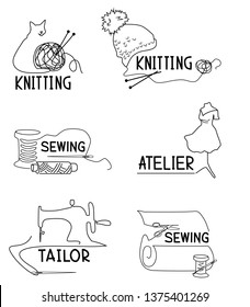 Vector set of hand drawn line labels with sewing machine, spool of thread, scissors, needle, etc. 
