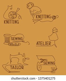 Vector set of hand drawn line labels with sewing machine, spool of thread, scissors, needle, etc. 
