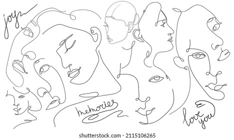 Vector set of hand drawn line art illustrations of 9 female faces and 3 handwritten inscriptions. Simple elegant minimalist portrait. Words: joy, memories and love you. 
