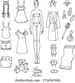 Vector set: hand drawn linear paper doll young woman with collection of home clothes and accessories. Educational toy for girls  for coloring and cut out. Dress, pajama, bathrobe, towel, pillow.
