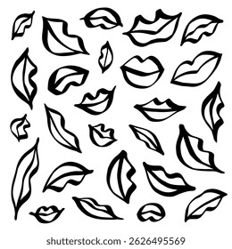 Vector set of hand drawn lips and smiles with black contour lines on white background