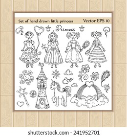 Vector set of hand drawn little princess icons and her symbols. Background for use in design