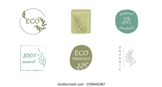 Conjunto vectorial de logotipos y emblemas de la comida orgánica, productos naturales, colección de insignias publicitarias, promoción de productos orgánicos, estilo de vida saludable. Aislado sobre fondo blanco