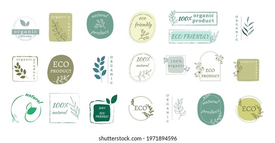 Vector set of hand drawn logos and emblems of organic food, natural products, collection of advertising badges, promotion of organic products, healthy lifestyle. Isolated on white background