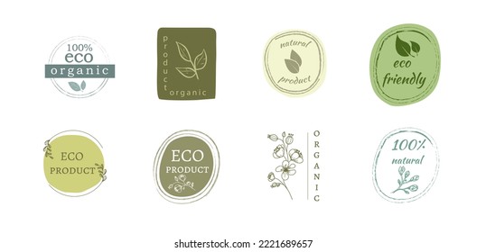 Vector Set of hand drawn logos and emblems of organic food, natural products, advertising badge collection, promotion of organic products, healthy lifestyle. Isolated on white background