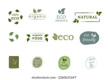 Vector Set of hand drawn logos and emblems of organic food, natural products, advertising badge collection, promotion of organic products, healthy lifestyle. Isolated on white background