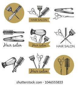 Vector set with hand- drawn  logotypes for hair salon