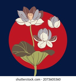 Conjunto vectorial de flores y hojas de loto dibujadas a mano. Esbozar colección de botánica floral en gráfico