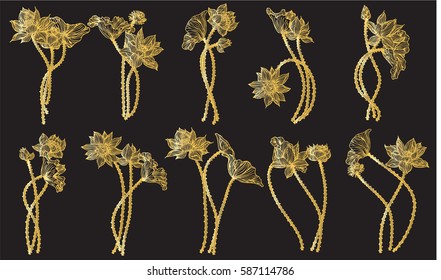 Vector set of hand drawn lotus flowers and leaves.card with water lily; lotus; feng shui symbol.