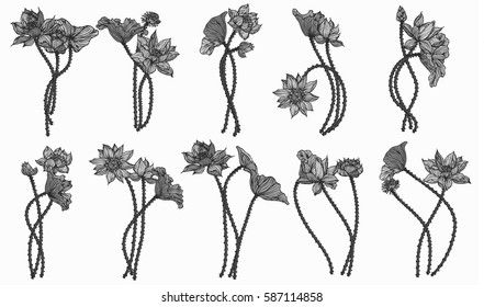 Vector set of hand drawn lotus flowers and leaves.card with water lily; lotus; feng shui symbol.