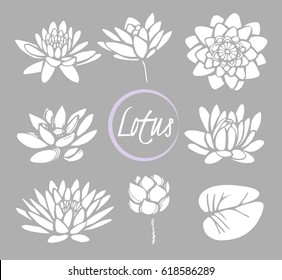Vector set of hand drawn lotus icons on the gray background