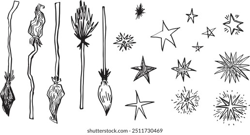 Vector set of hand drawn magic items flying broom and stars. Occult theme halloween clip art witch magic symbols. Line drawing minimalistic black outline ink style engraving graphics primitive flat	