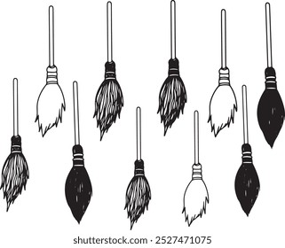 Vector set of hand drawn magic items flying broom Occult theme halloween clip art witch magic symbols. Line drawing minimalistic black outline ink style engraving graphics primitive flat illustration