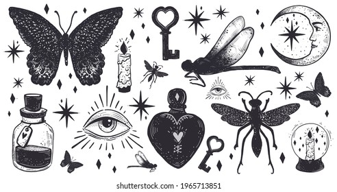 Vektorset von handgezeichneten magischen okkultistischen Elementen im Vintage-Boho-Stil.  Grafische Insekten. Heilige mysteriöse Illustration für Blitztätowierung, Aufkleber, Patch oder Druckdesign. 