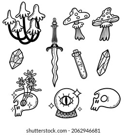 Conjunto vectorial de elementos ocultos mágicos dibujados a mano. Iconos mágicos dibujados a mano: cráneo, cristales, pociones, cartas, bruja, serpiente. Arte misterioso sagrado
