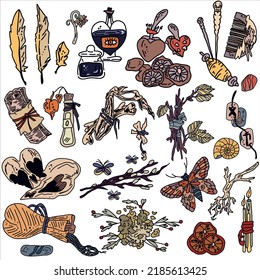 Vector set of hand drawn magical occult elements in graphic style.Hand-drawn magic icons: skull, bones, feathers, potions,  runes, insects. Sacred mysterious art.